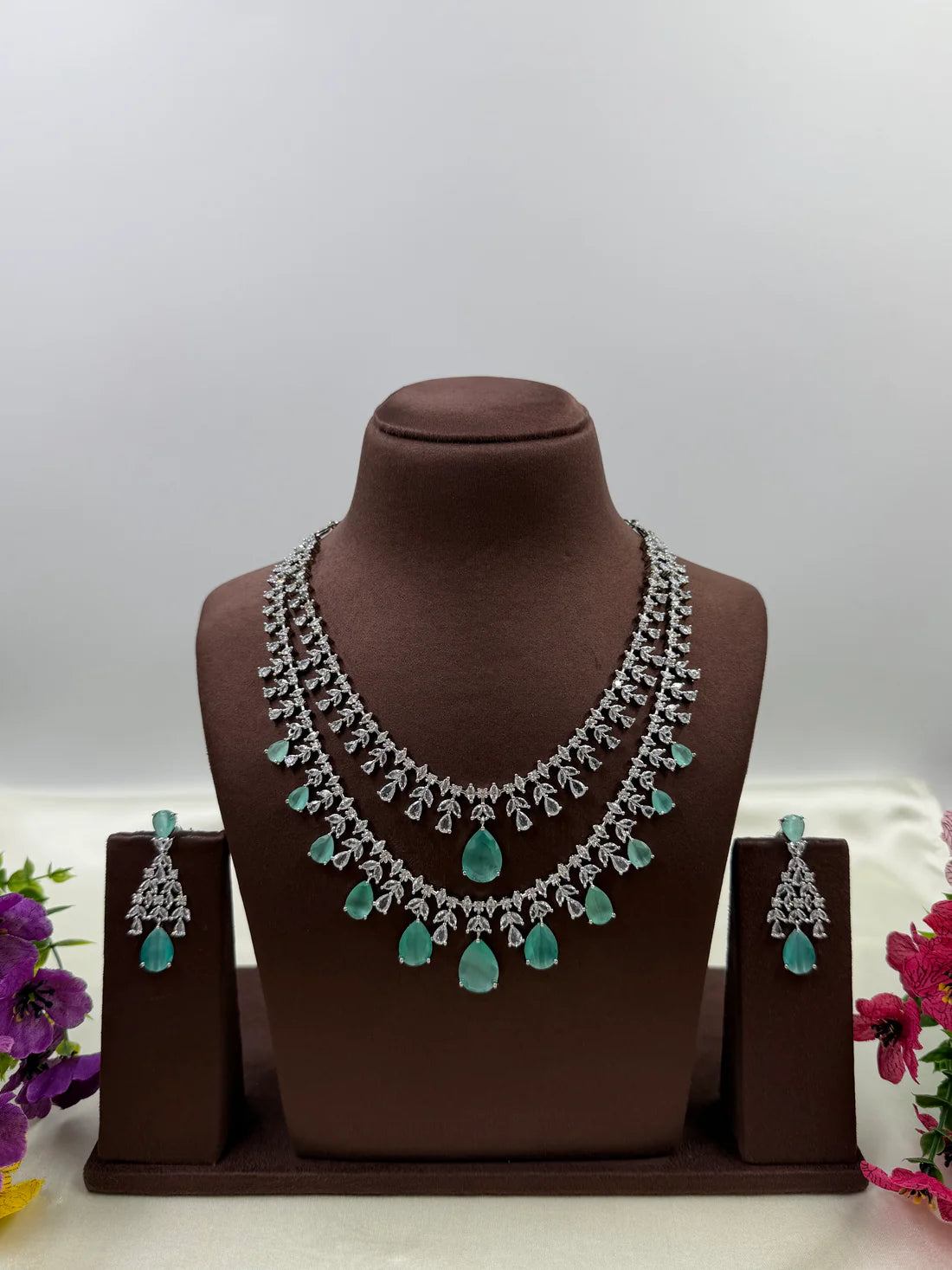 American Diamond Double Layer Necklace Set with Blue Teardrop Stones & Matching Earrings | Elegant Bridal & Party Wear Jewellery