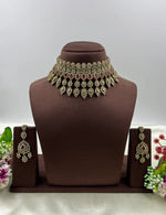 Luxury American Diamond Bridal Choker Necklace Set with Long Earrings – Gold Finish Wedding Jewellery