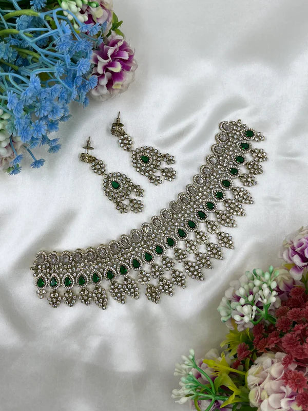 Luxury American Diamond Bridal Choker Necklace Set with Long Earrings – Gold Finish Wedding Jewellery