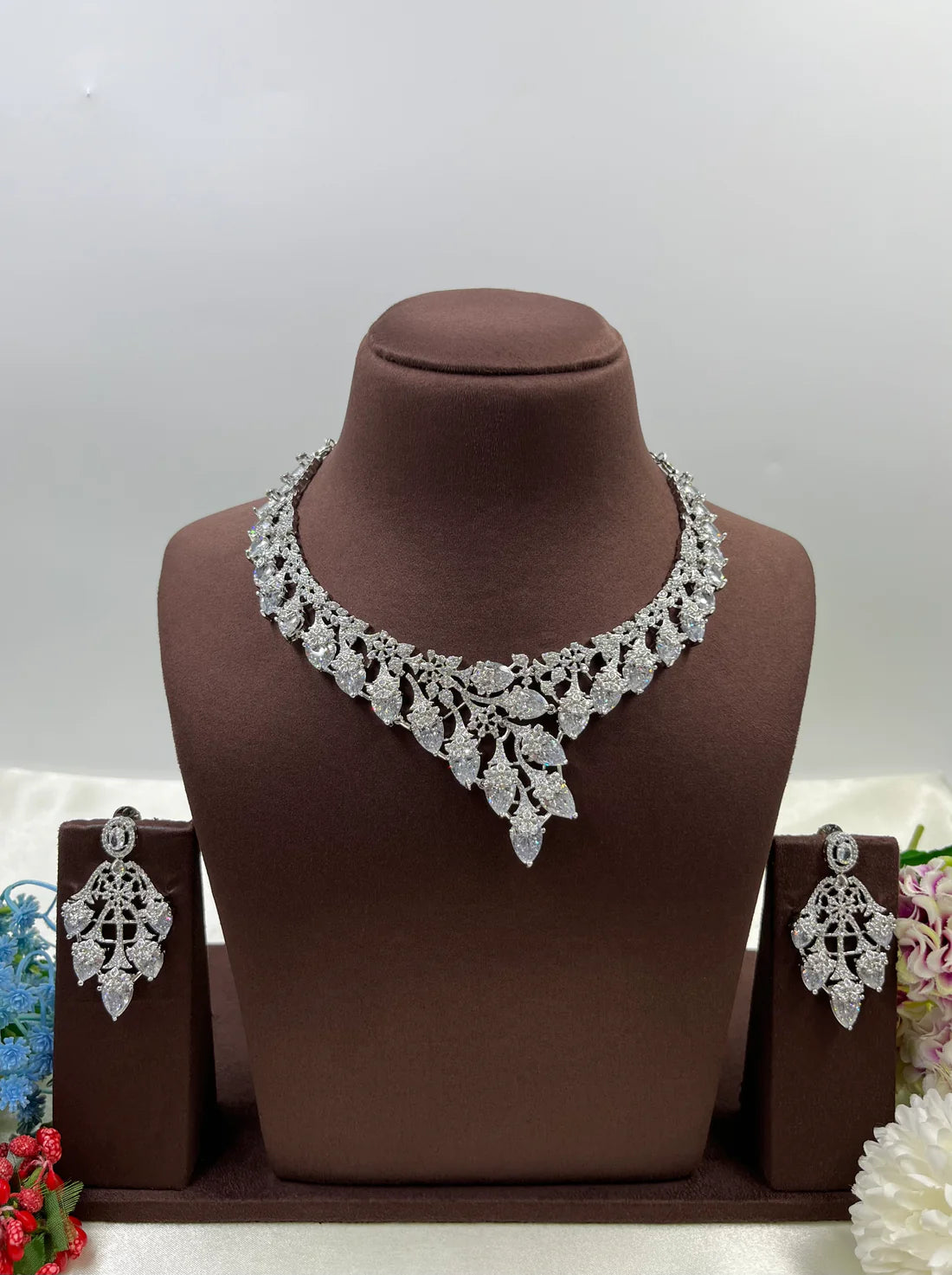 Premium American Diamond CZ Necklace Set for Women | Luxury Bridal Wedding Jewellery Set | Party Wear Crystal Necklace & Earrings