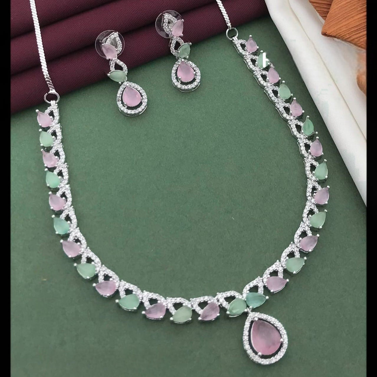 Silver-Plated Red Stone Necklace Set with Earrings | Bridal & Party Wear Designer Jewelry - Libasaa.com