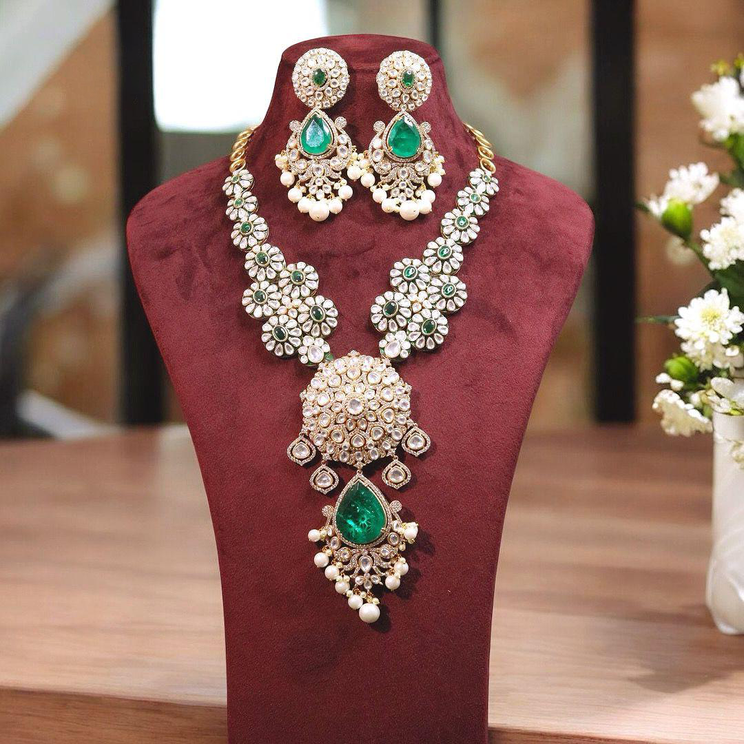 Celebrity Teardrop Polki Necklace Earrings Set, Indian Polki Necklace Set, Pakistani Polki Jewelry Set, Bollywood Polki Jewelry Set - Libasaa.com