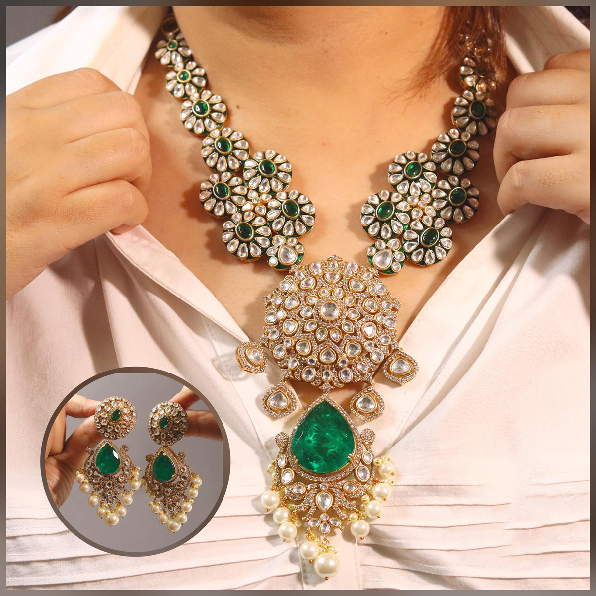 Celebrity Teardrop Polki Necklace Earrings Set, Indian Polki Necklace Set, Pakistani Polki Jewelry Set, Bollywood Polki Jewelry Set - Libasaa.com