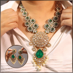 Celebrity Teardrop Polki Necklace Earrings Set, Indian Polki Necklace Set, Pakistani Polki Jewelry Set, Bollywood Polki Jewelry Set - Libasaa.com