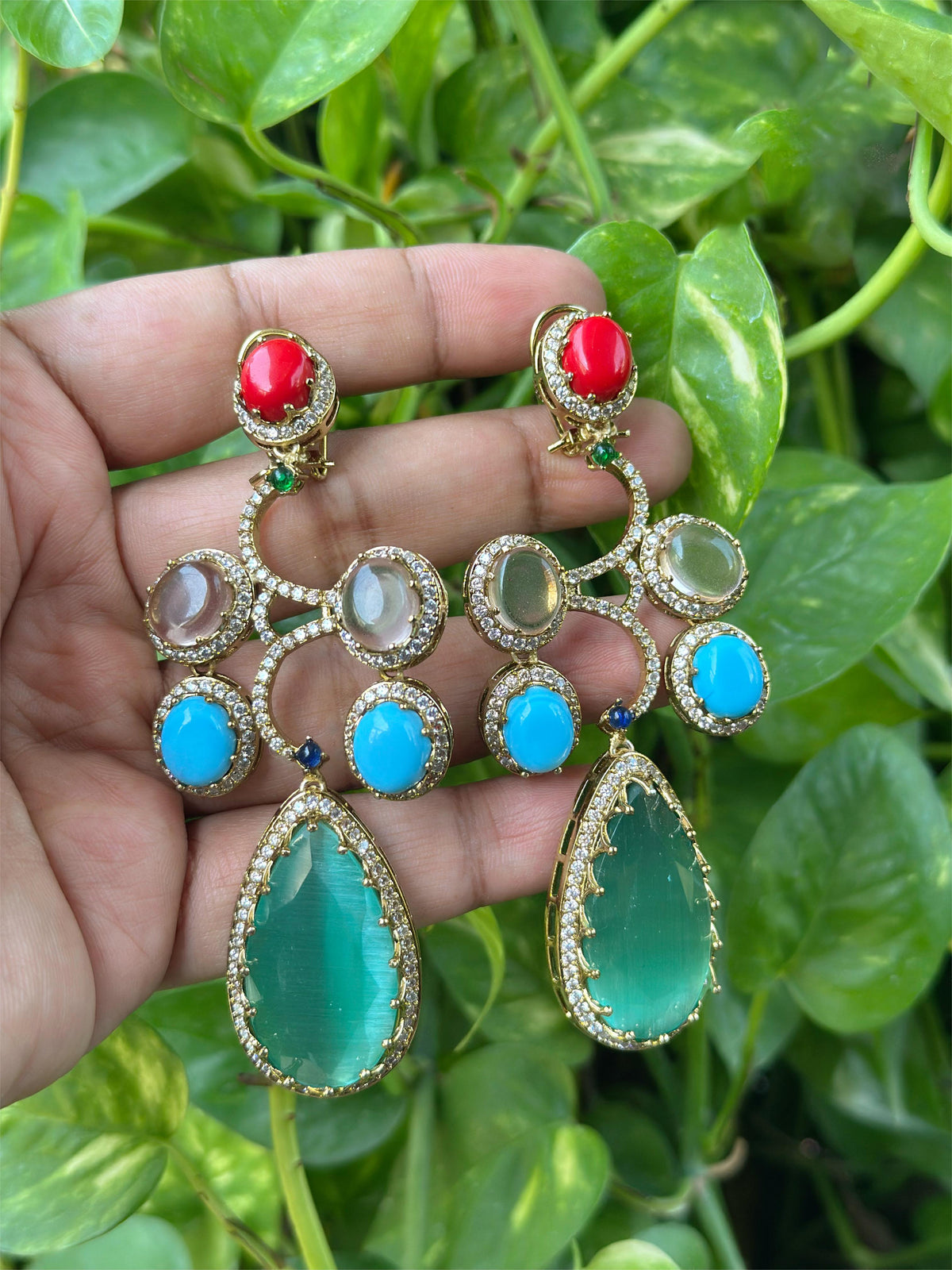 Rajsthani Drop AD Earrings Set Indian Jewelry, CZ Traditional Earrings Set, Jaipuri AD Earrings Set, Bollywood Earrings Set, Celebrity Inspired AD Earrings Set - Libasaa.com