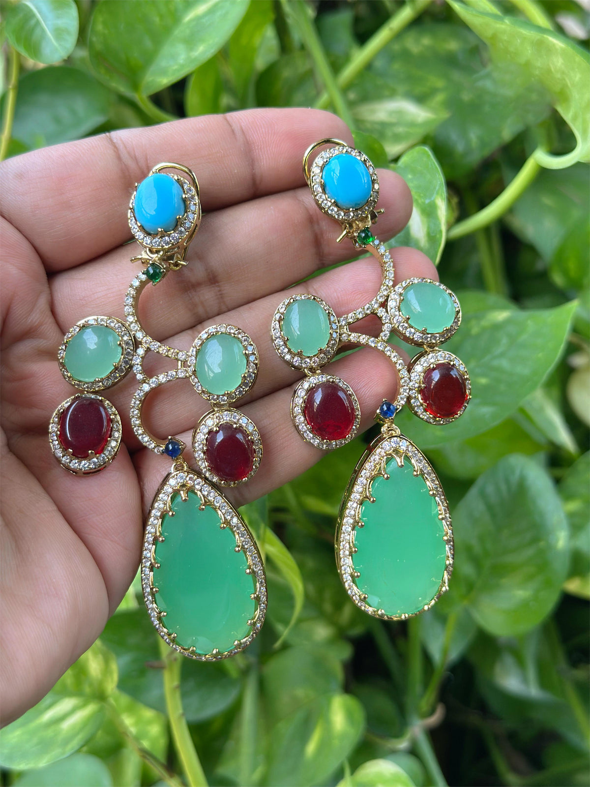 Rajsthani Drop AD Earrings Set Indian Jewelry, CZ Traditional Earrings Set, Jaipuri AD Earrings Set, Bollywood Earrings Set, Celebrity Inspired AD Earrings Set - Libasaa.com