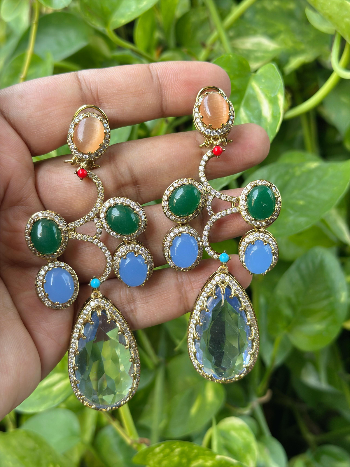 Rajsthani Drop AD Earrings Set Indian Jewelry, CZ Traditional Earrings Set, Jaipuri AD Earrings Set, Bollywood Earrings Set, Celebrity Inspired AD Earrings Set - Libasaa.com