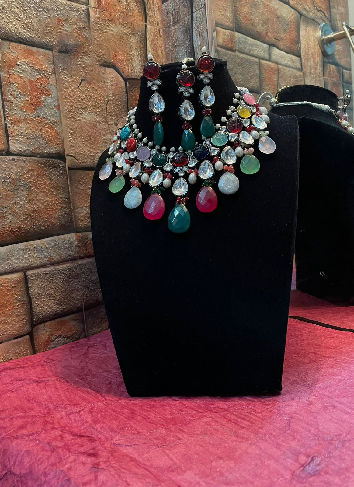 Multi Layer Indian Floral Polki Choker Earrings Set, Indian Polki Choker Set, Pakistani Meenakari Choker Set, Celebrities Polki Jewelry, Bridal Traditional Jewelry Set, Bridal Layered Jewelry Set - Libasaa.com