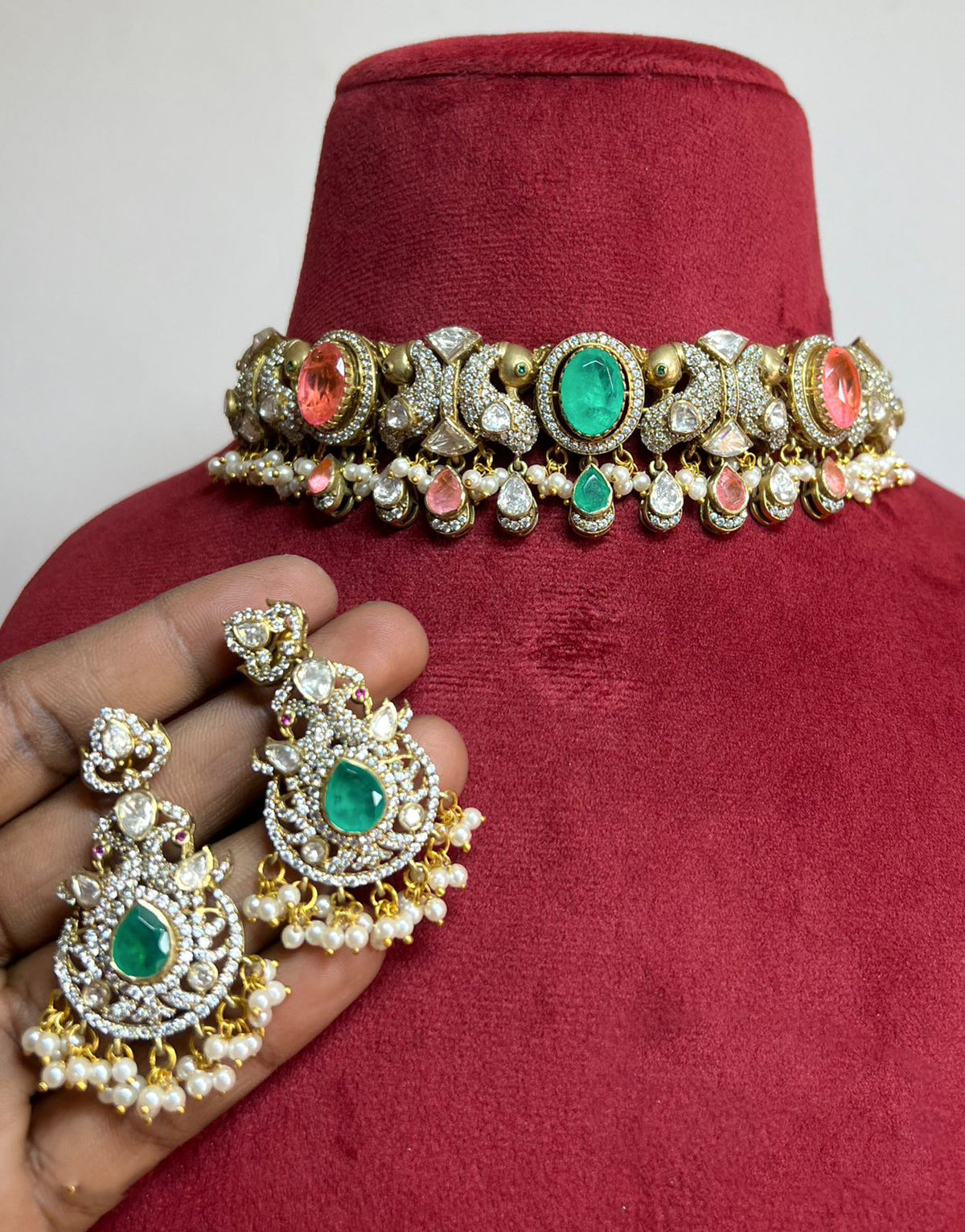 Jaipuri Indian Peacock Inspired Choker Earrings Set, Rajsthani Peacock Design Polki Choker Set, Polki Choker Set, Peacock Indian Jewelry Set - Libasaa.com