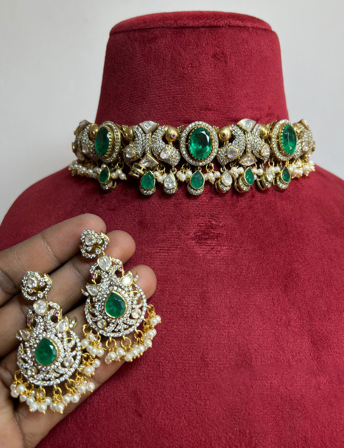 Jaipuri Indian Peacock Inspired Choker Earrings Set, Rajsthani Peacock Design Polki Choker Set, Polki Choker Set, Peacock Indian Jewelry Set - Libasaa.com