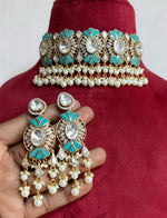Rajsthani Floral Designed Polki Choker Earrings Set, Jaipuri Floral Polki Choker Set, Indian Choker Jewelry Set, Floral Indian Choker Set, Bollywood Floral Polki Choker Set, Polki Choker Set - Libasaa.com