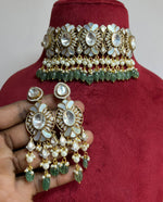 Rajsthani Floral Designed Polki Choker Earrings Set, Jaipuri Floral Polki Choker Set, Indian Choker Jewelry Set, Floral Indian Choker Set, Bollywood Floral Polki Choker Set, Polki Choker Set - Libasaa.com