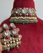 Rajsthani Floral Designed Polki Choker Earrings Set, Jaipuri Floral Polki Choker Set, Indian Choker Jewelry Set, Floral Indian Choker Set, Bollywood Floral Polki Choker Set, Polki Choker Set - Libasaa.com
