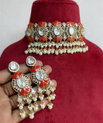 Rajsthani Floral Designed Polki Choker Earrings Set, Jaipuri Floral Polki Choker Set, Indian Choker Jewelry Set, Floral Indian Choker Set, Bollywood Floral Polki Choker Set, Polki Choker Set - Libasaa.com