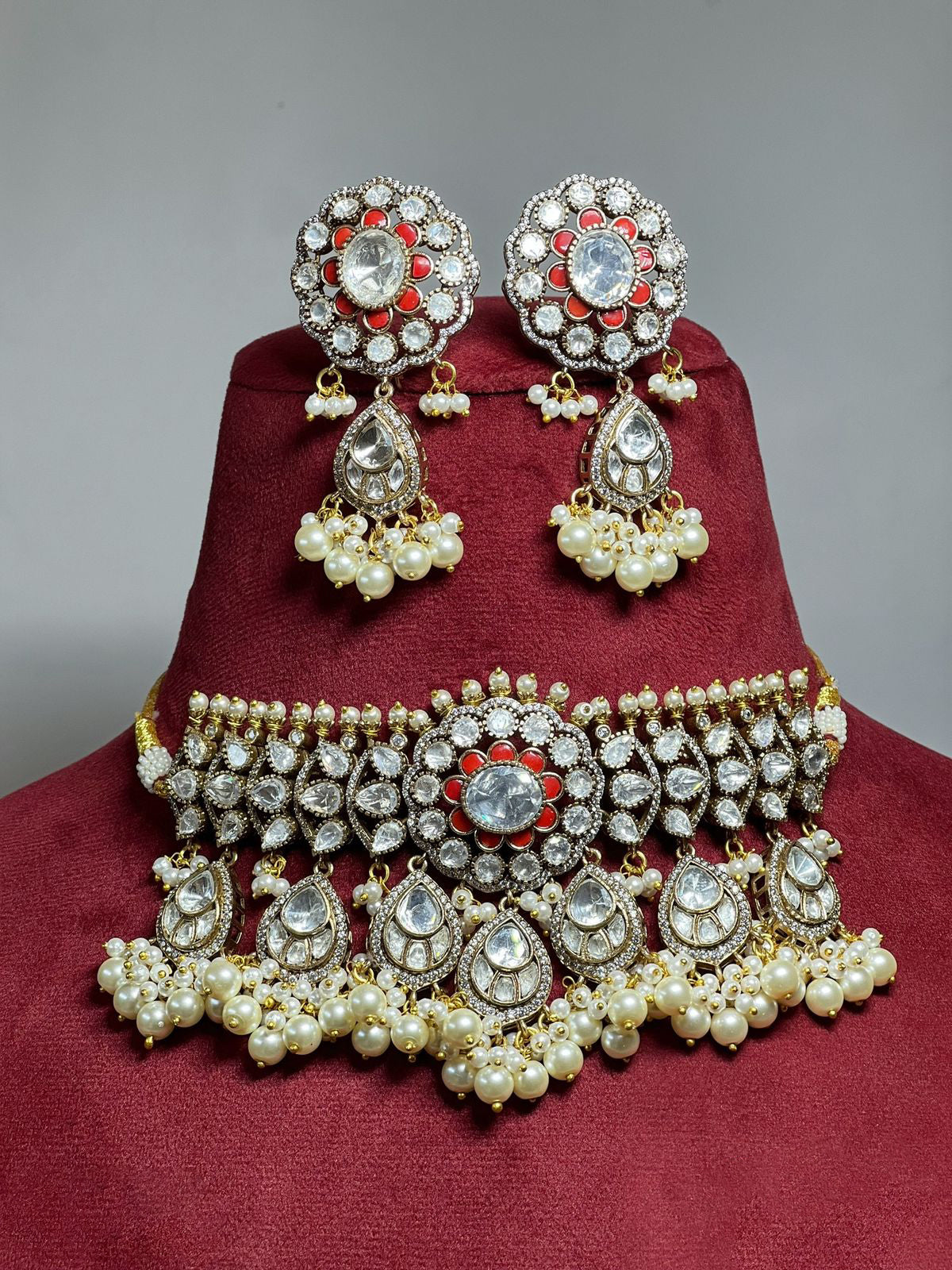 Pakistani Bridal Polki Stone Beaded Choker Set, Beaded Polki Stones Jewelry Set, Bollywood Polki Choker Set, Indian Choker Set, Wedding Polki Jewelry Set - Libasaa.com