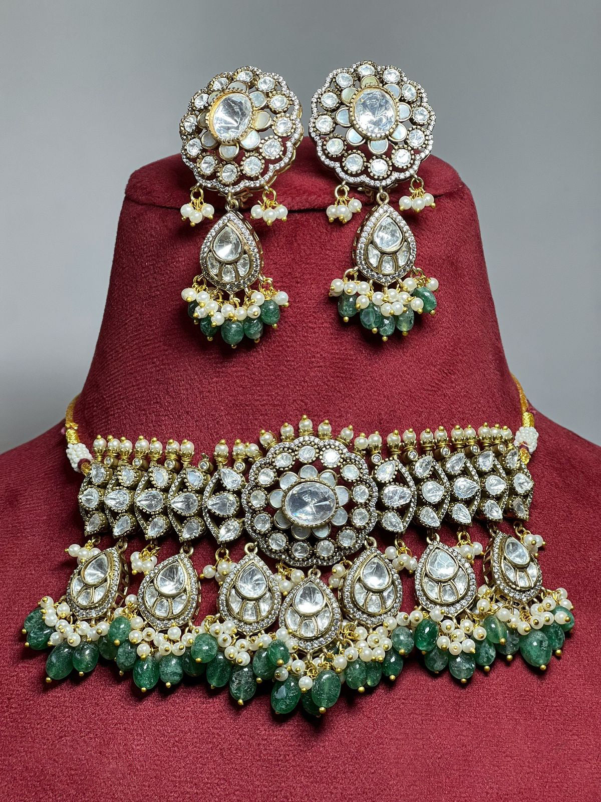 Pakistani Bridal Polki Stone Beaded Choker Set, Beaded Polki Stones Jewelry Set, Bollywood Polki Choker Set, Indian Choker Set, Wedding Polki Jewelry Set - Libasaa.com