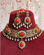 Celebrity Meenakari Polki Choker Earrings Maangtika Set, Indian Meenakari Polki Jewelry Set, Bollywood Meenakari Choker Earrings Mangtika Set - Libasaa.com