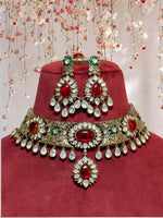 Celebrity Meenakari Polki Choker Earrings Maangtika Set, Indian Meenakari Polki Jewelry Set, Bollywood Meenakari Choker Earrings Mangtika Set - Libasaa.com