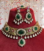 Celebrity Meenakari Polki Choker Earrings Maangtika Set, Indian Meenakari Polki Jewelry Set, Bollywood Meenakari Choker Earrings Mangtika Set - Libasaa.com