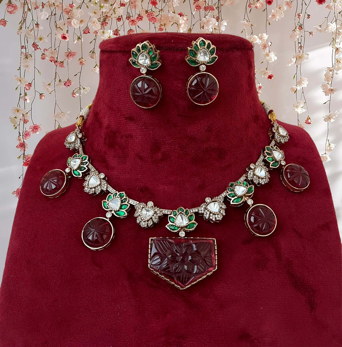 Bridal Floral Traditional Polki Necklace Earrings Set, Wedding Polki Ethic Necklace Set, Polki Jewelry Set, Indian Jewelry Set, Rajsthani Necklace Set - Libasaa.com