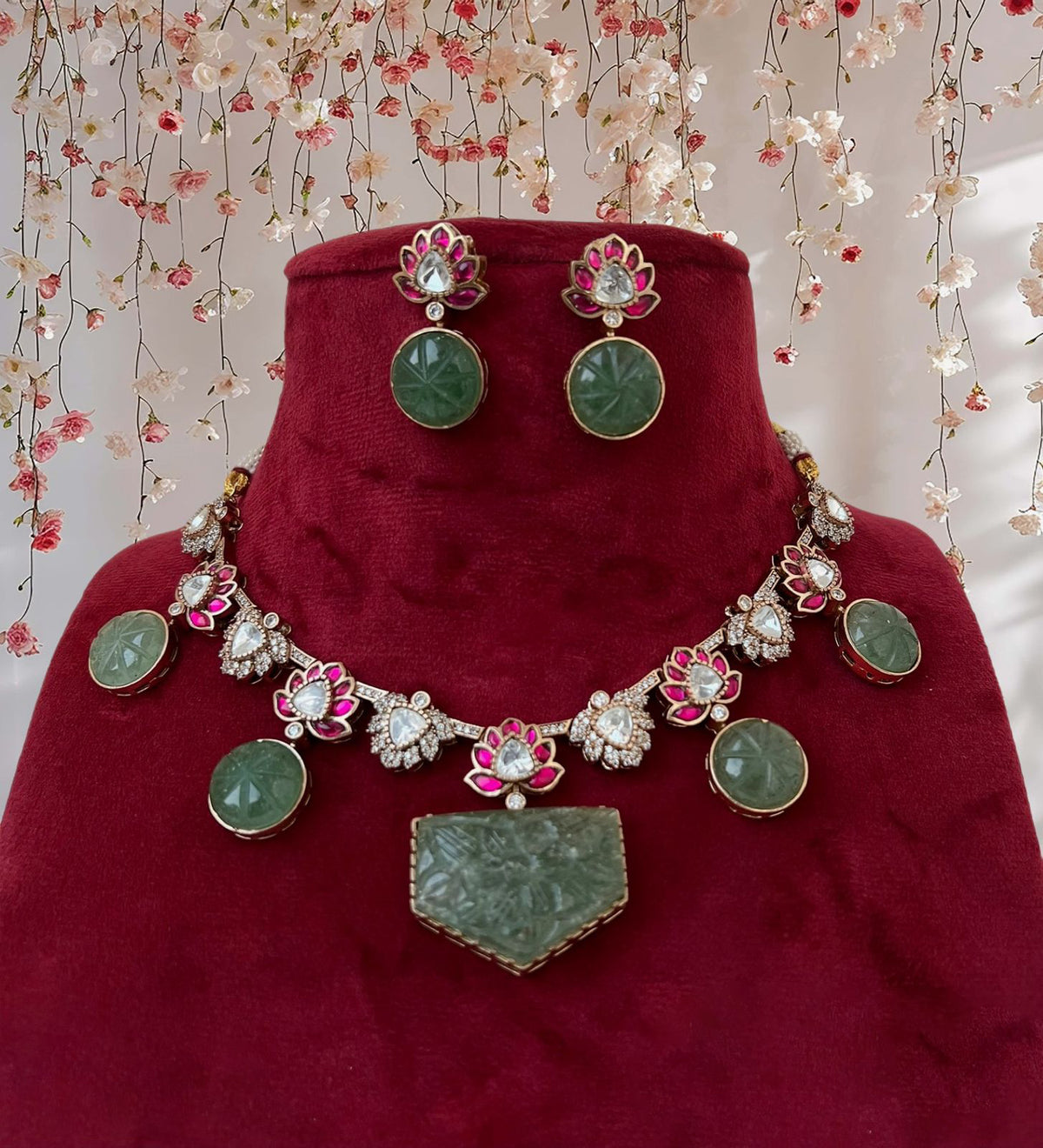 Bridal Floral Traditional Polki Necklace Earrings Set, Wedding Polki Ethic Necklace Set, Polki Jewelry Set, Indian Jewelry Set, Rajsthani Necklace Set - Libasaa.com