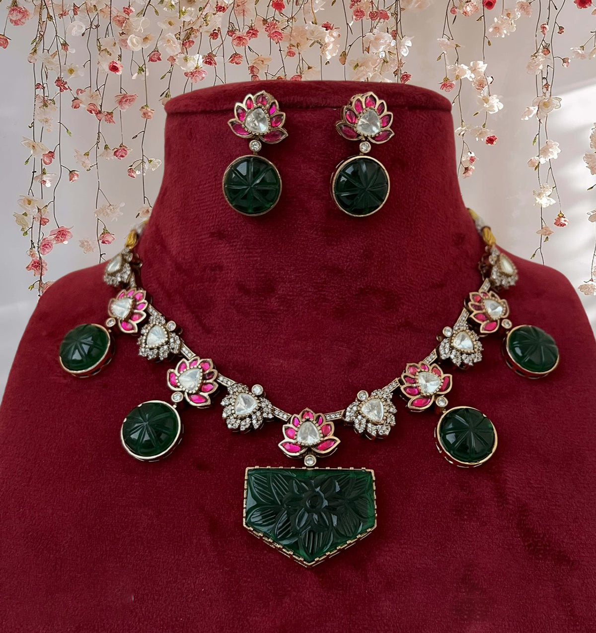 Bridal Floral Traditional Polki Necklace Earrings Set, Wedding Polki Ethic Necklace Set, Polki Jewelry Set, Indian Jewelry Set, Rajsthani Necklace Set - Libasaa.com