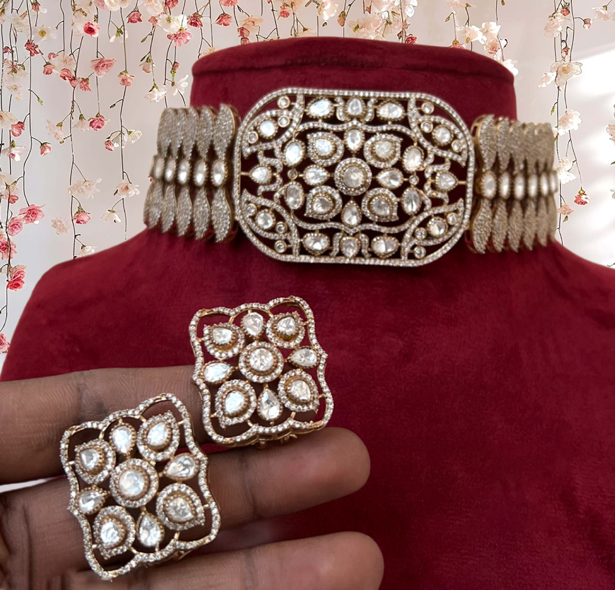 Gold Plated Silver Indian Choker Matching Earrings Set, Indian Silver Choker Set, Bridal Silver Jewelry Set, Pakistani Wedding Choker Set - Libasaa.com