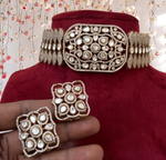 Gold Plated Silver Indian Choker Matching Earrings Set, Indian Silver Choker Set, Bridal Silver Jewelry Set, Pakistani Wedding Choker Set - Libasaa.com