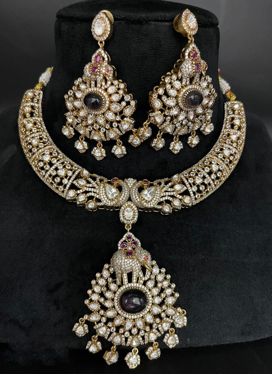 Jaipuri Elephant Inspired Polki Necklace Set, Rajsthani Elephant Designed Jewelry Set, Indian Elephant Polki Necklace Earrings Set - Libasaa.com