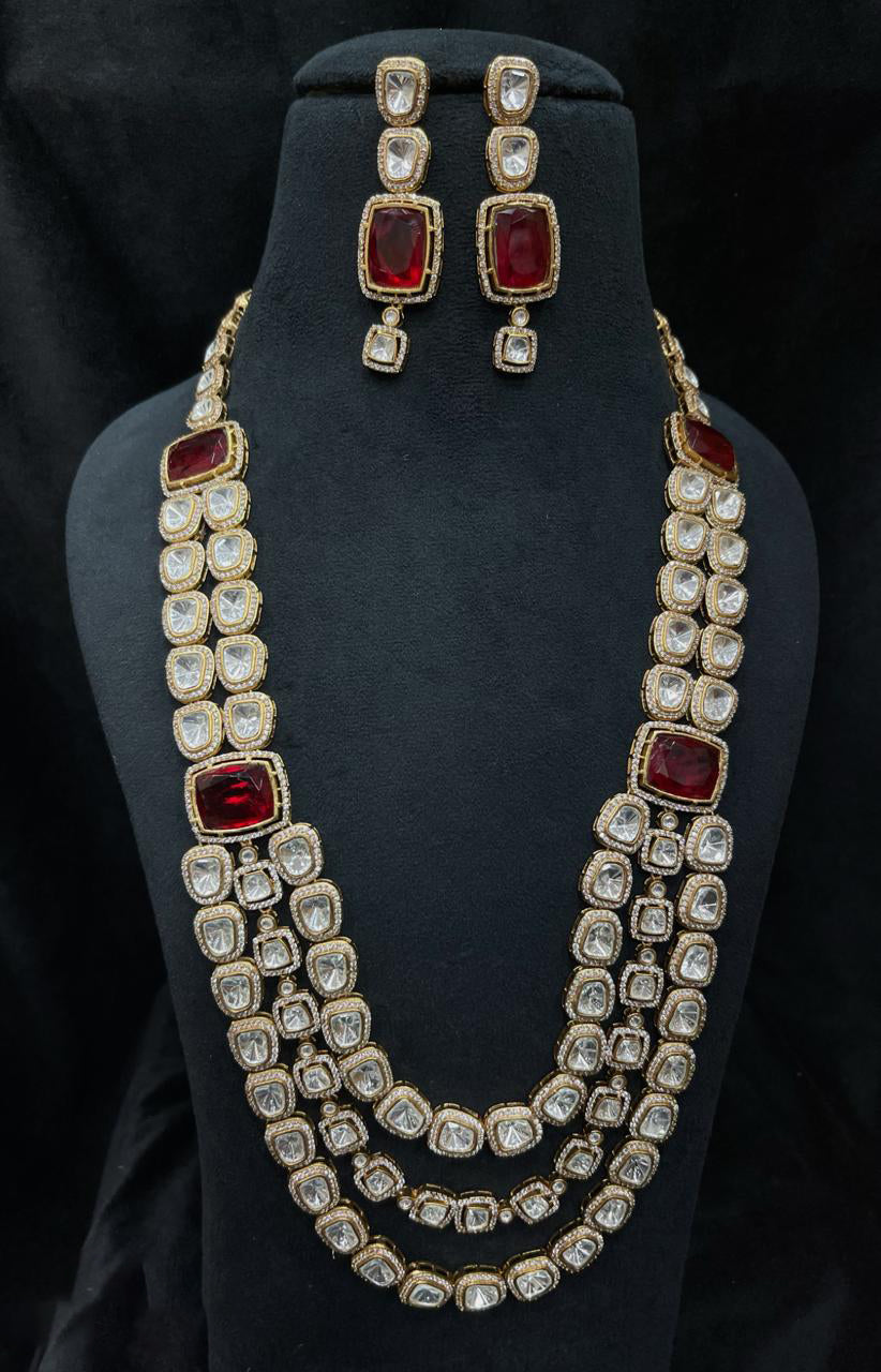 Tripple Layer Polki Statement Necklace Indian Jewelry Set, Tripple Layer Polki Jewelry Set, Indian Layered Polki Necklace Set, Bollywood Polki Statement Jewelry Set, Pakistani Wedding Jewelry Set - Libasaa.com