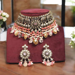 Indian Floral Earrings Elephant Inspired Choker Jewelry Set, Indian Polki Elephant Designed Jewelry Set, Bollywood Polki Choker Set - Libasaa.com