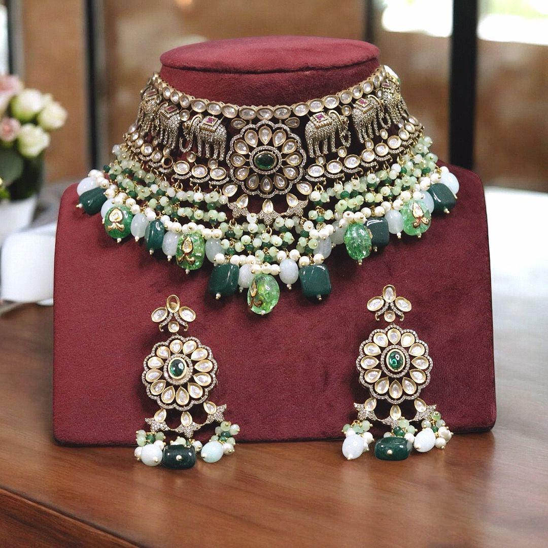 Indian Floral Earrings Elephant Inspired Choker Jewelry Set, Indian Polki Elephant Designed Jewelry Set, Bollywood Polki Choker Set - Libasaa.com