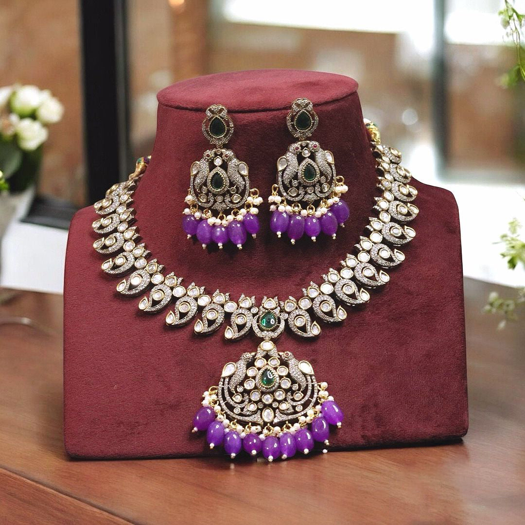 Indian Parrot Inspired Motif Polki Necklace Earrings Set, Indian Parrot Design Jewelry Set, Pakistani Motif Polki Necklace Set - Libasaa.com