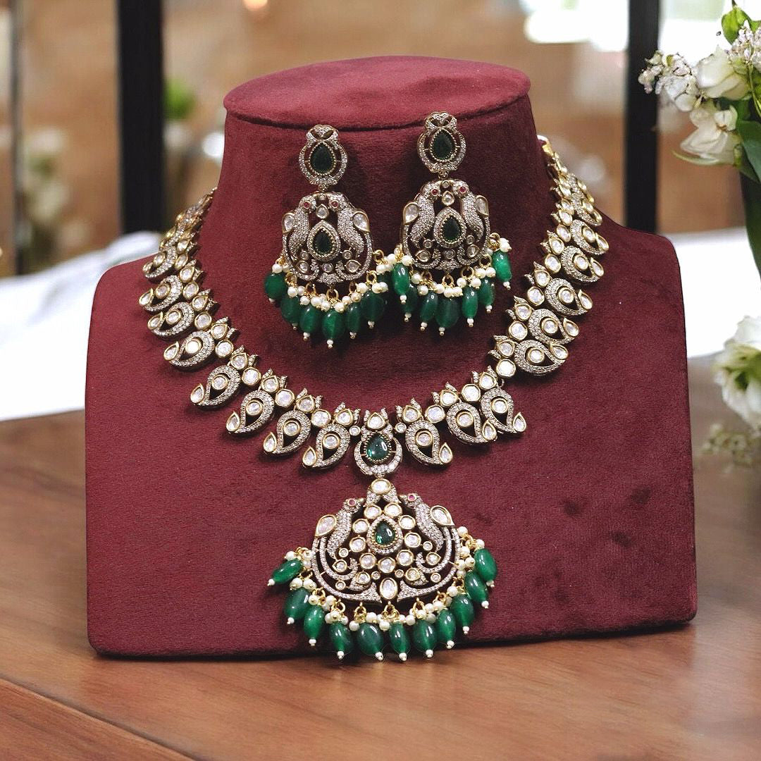 Indian Parrot Inspired Motif Polki Necklace Earrings Set, Indian Parrot Design Jewelry Set, Pakistani Motif Polki Necklace Set - Libasaa.com