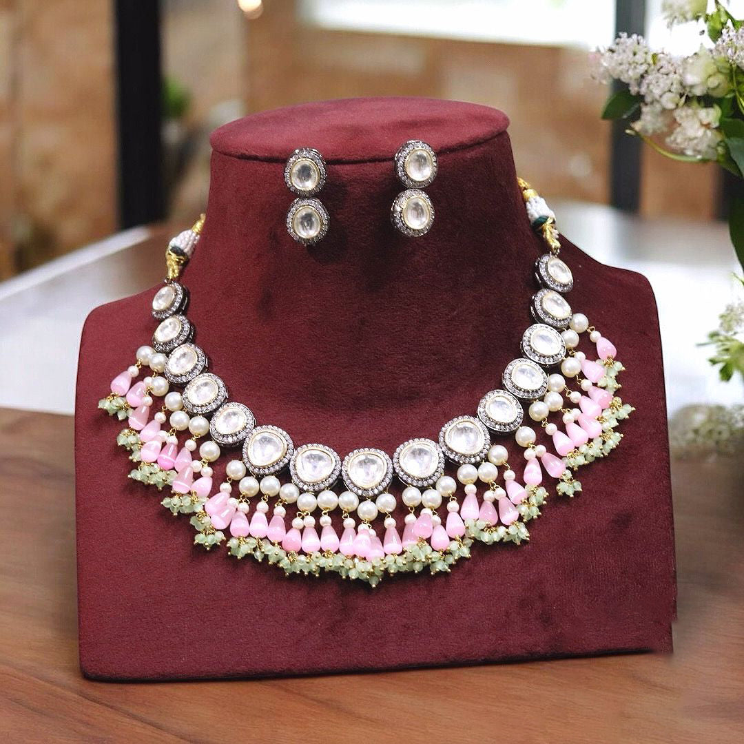 Exquisite Bridal Polki Pakistani Choker Earrings Set, Pakistani Silver Polki Jewelry Set, Indian Traditinal Jewelry Set, Bollywood Polki Choker Set - Libasaa.com