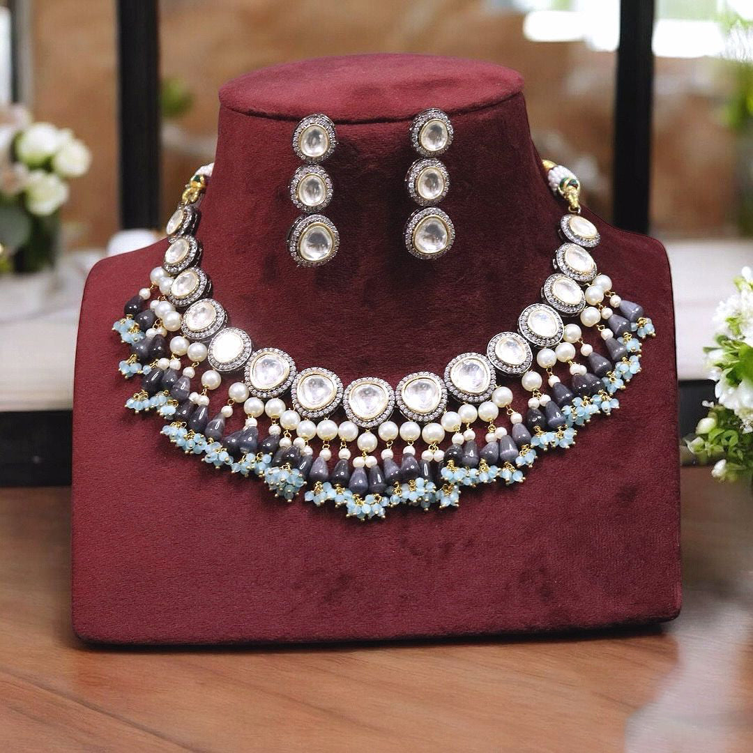 Exquisite Bridal Polki Pakistani Choker Earrings Set, Pakistani Silver Polki Jewelry Set, Indian Traditinal Jewelry Set, Bollywood Polki Choker Set - Libasaa.com