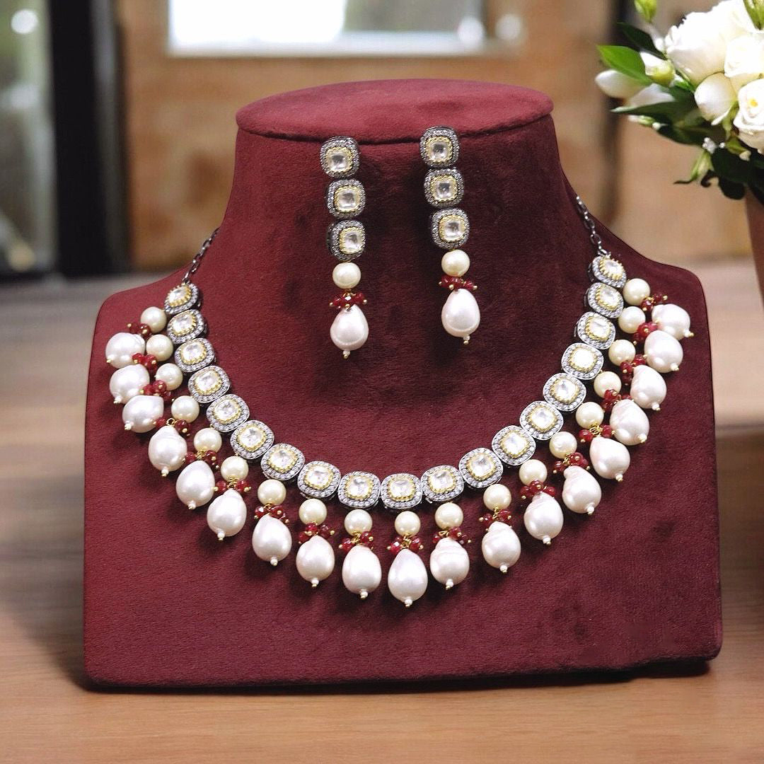 Punjabi TraditionalPolki Choker Earrings Set, Celebrity Polki White Jewelry Set, Indian Polki Choker Earrings Set, Punjabi Polki Choker Set - Libasaa.com