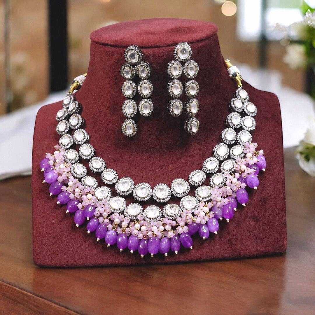 Bollywood Stunning Layer Design Polki Choker Earrings Set, Indian Celebrity Layer Polki Jewelry Set, Pakistani Layer Polki Choker Set - Libasaa.com