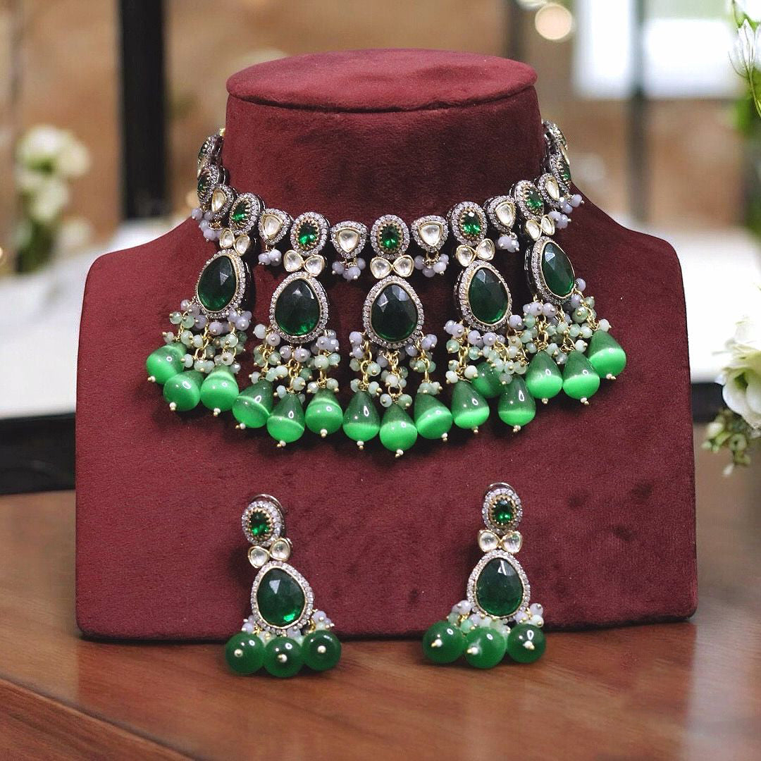 Wedding Green Polki Choker Earrings Pakistani Jewelry Set, Pakistani Green Polki Jewelry, Pakistani Traditional Choker Set, Indian Green Polki Choker Set, Bridal Green Polki Jewelry Set - Libasaa.com