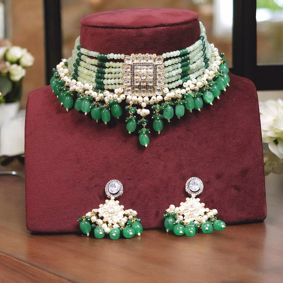 Multi Stranded Accents Beaded Choker Indian Jewelry Set, Indian Beaded Choker Set, Wedding Jewelry Set, Pakistani Jewelry Set, Traditional Choker Set - Libasaa.com