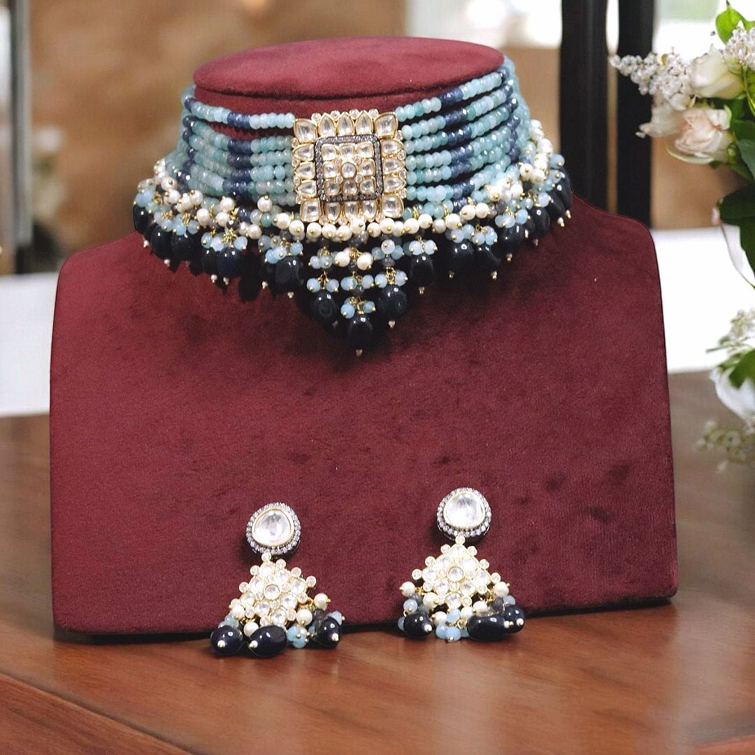 Multi Stranded Accents Beaded Choker Indian Jewelry Set, Indian Beaded Choker Set, Wedding Jewelry Set, Pakistani Jewelry Set, Traditional Choker Set - Libasaa.com