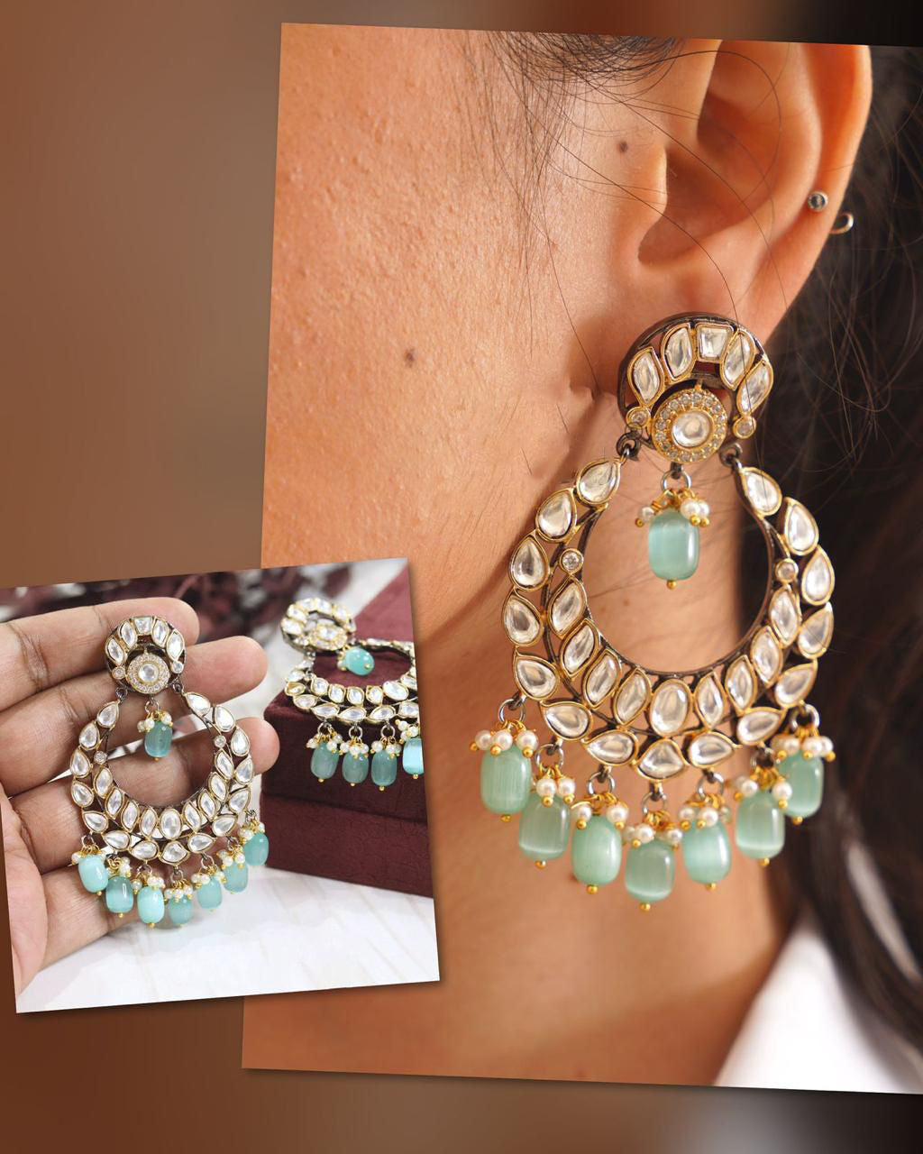 Round Polki Indian Bridal Earrings Set, Indian Polki Earrings Set, Pakistani Wedding Earrings Set, Bollywood Inspired Polki Earrings Jewelry Set - Libasaa.com