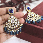 Elegant Blue Polki Indian Floral Earrings Set, Rajsthani Wedding Earrings Jewelry Set, Celebrity Earrings Set, Floral Earrings Set - Libasaa.com