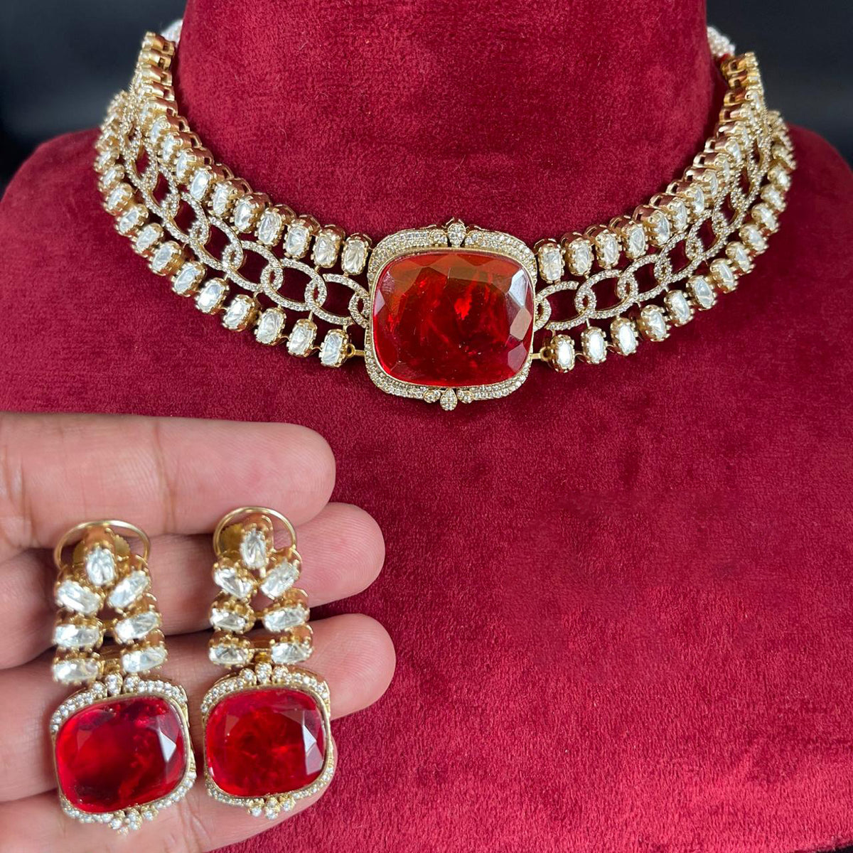Gold Plated Punjabi Polki Choker Earrings Set, Punjabi Polki Jewelry Set, Gold Plated Indian Choker Set, Bollywood Wedding Choker - Libasaa.com