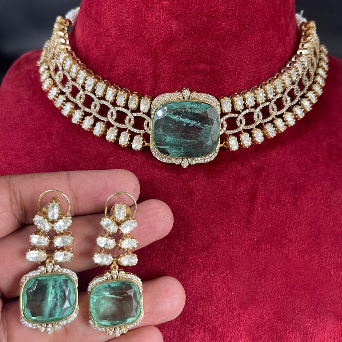 Gold Plated Punjabi Polki Choker Earrings Set, Punjabi Polki Jewelry Set, Gold Plated Indian Choker Set, Bollywood Wedding Choker - Libasaa.com