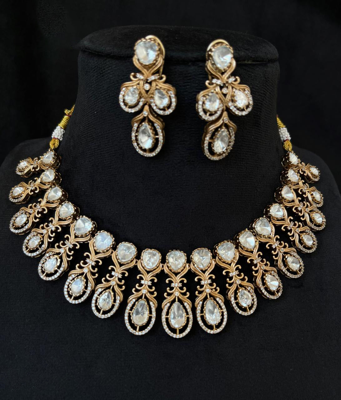 Silver Gold Plated Punjabi Polki Choker Earrings Set, Silver Polki Punjabi Choker Set, Indian Silver Jewelry Set, Pakistani Polki Choker Set, Bollywood Silver Jewelry Set - Libasaa.com