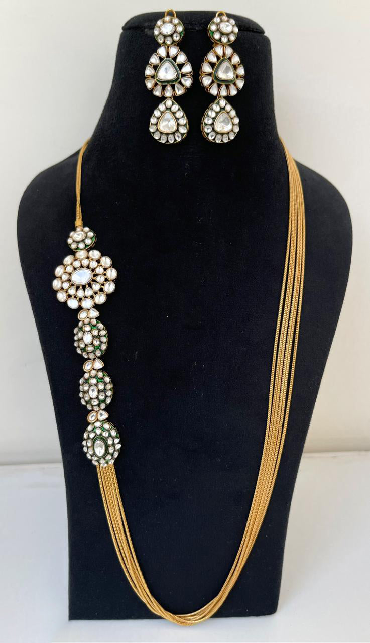 Indian Golden Layered Necklace Set with Kundan Pendant, Bollywood Design Layer polki Jewelry Set, Celebrities Polki Statement Necklace Set - Libasaa.com