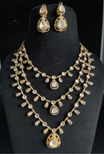 Tripple Layer Gold Plated Jaipuri Polki Necklace Set, Layered Polki Rajsthani Necklace Set, Gold Plated Indian Jewelry Set, Bollywood Layer Polki Necklace Set, Celebtiry Multi Layer Jewelry Set, Indian Layer Jewelry Set - Libasaa.com