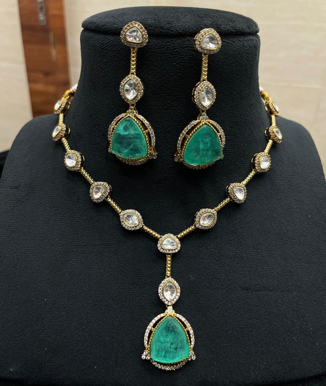 Royal Jaipuri Emerald Green Polki Necklace Set–