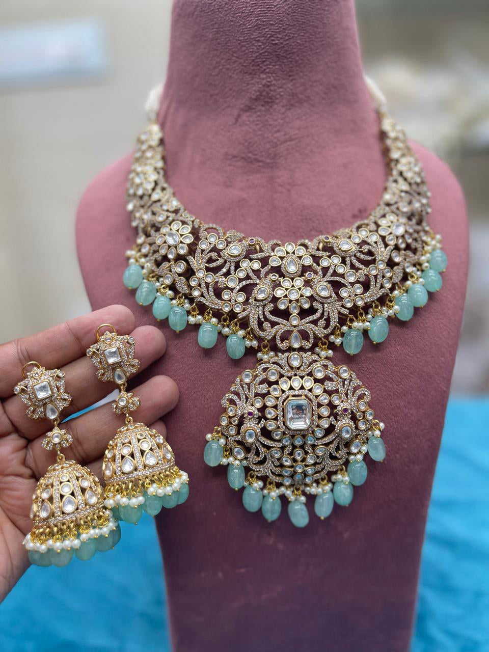 Exquisite Rajwadi Choker Emerald Drops Intricate Jhumkas, Rajsthani Traditional Choker Jhumka Set, Indian Choker Jhumka Jewelry Set, Pakistani Jewelry - Libasaa.com